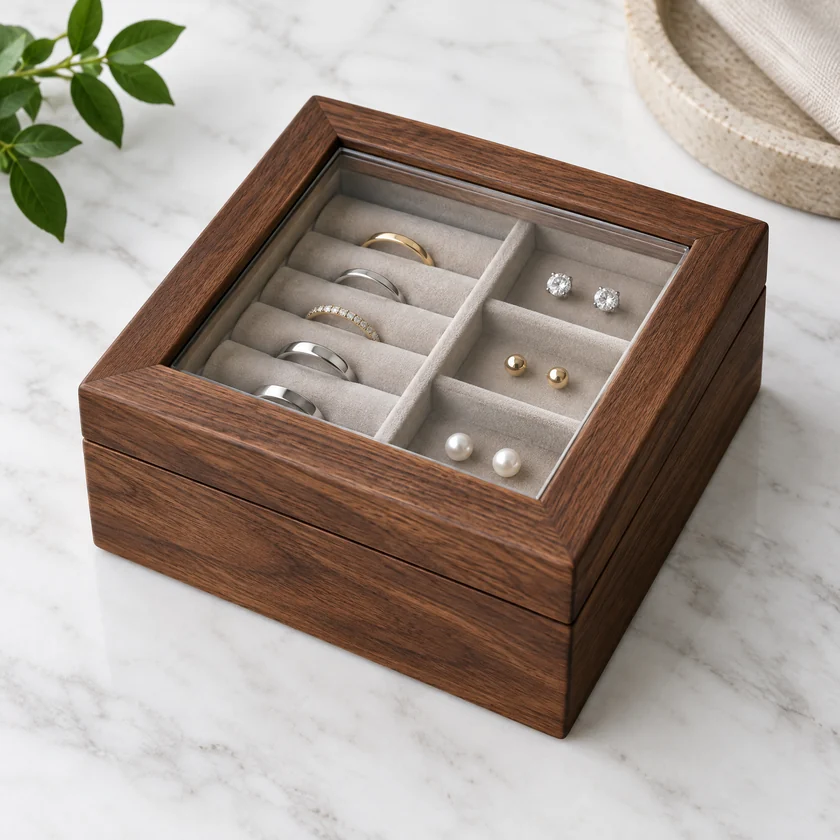 Walnut jewelry box with a clear viewing panel inset into its lid