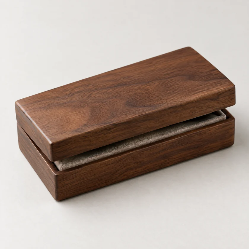 Walnut jewelry box showing a concealed magnetic closure seam