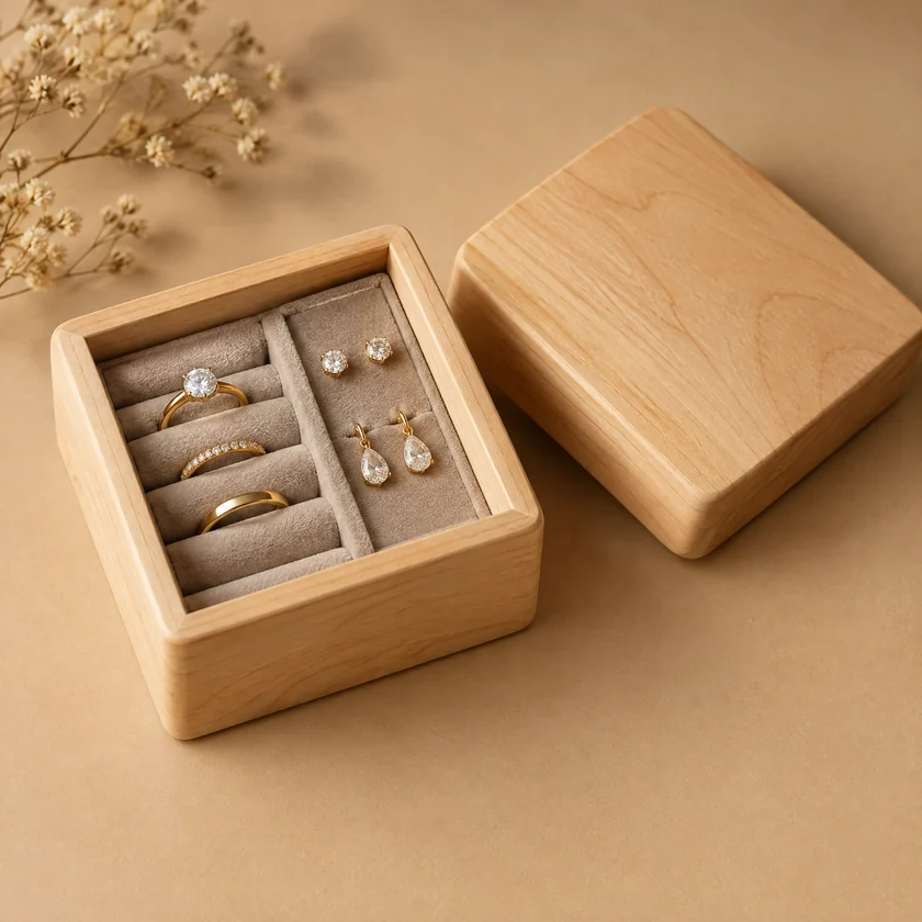 Maple jewelry box with a lift-off wood cover and insert