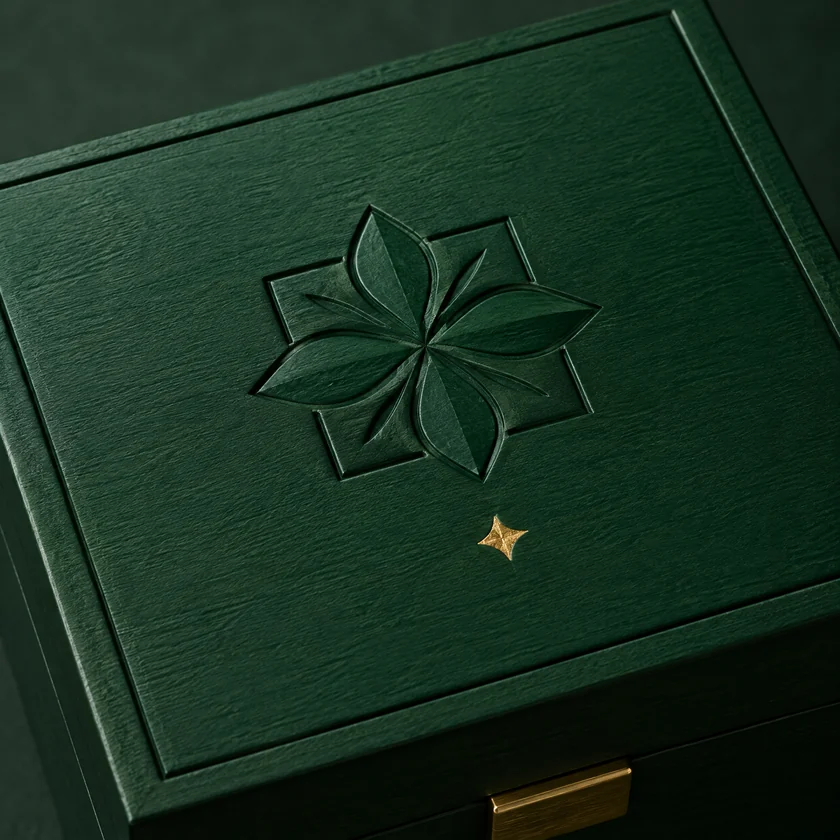 Unbranded deboss and gold foil detail on a deep green wood jewelry box