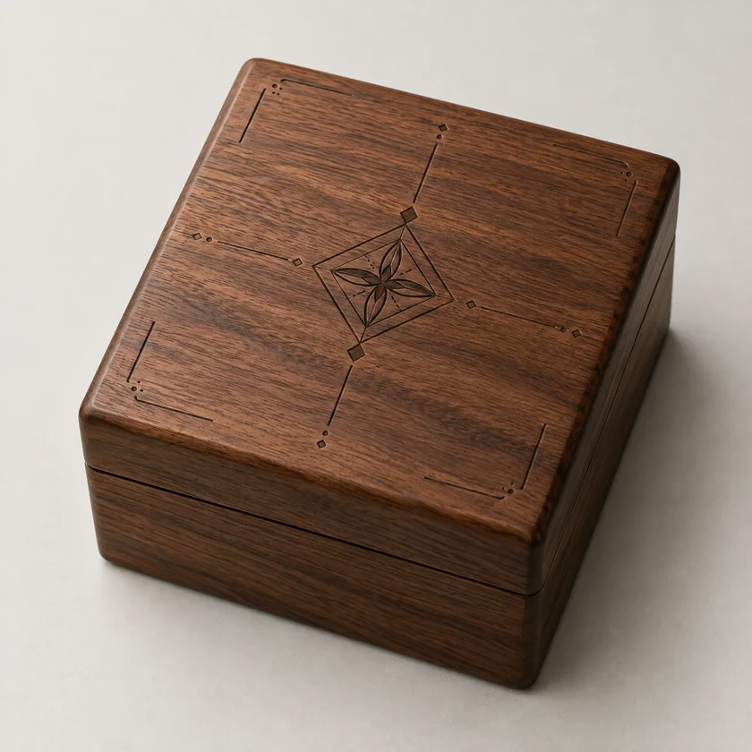 Unbranded laser-engraved geometric detail on a walnut jewelry box lid