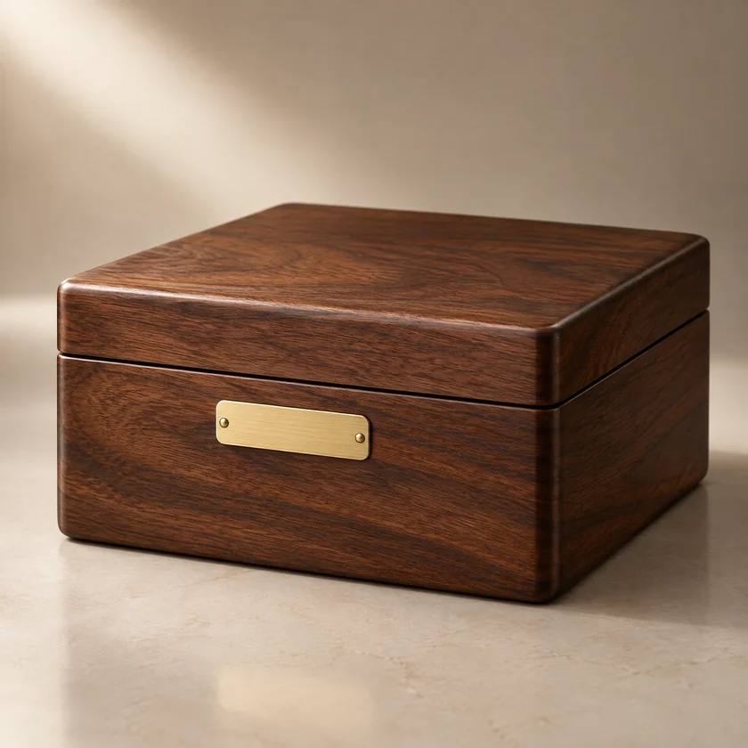 Blank brushed brass nameplate on a walnut jewelry box
