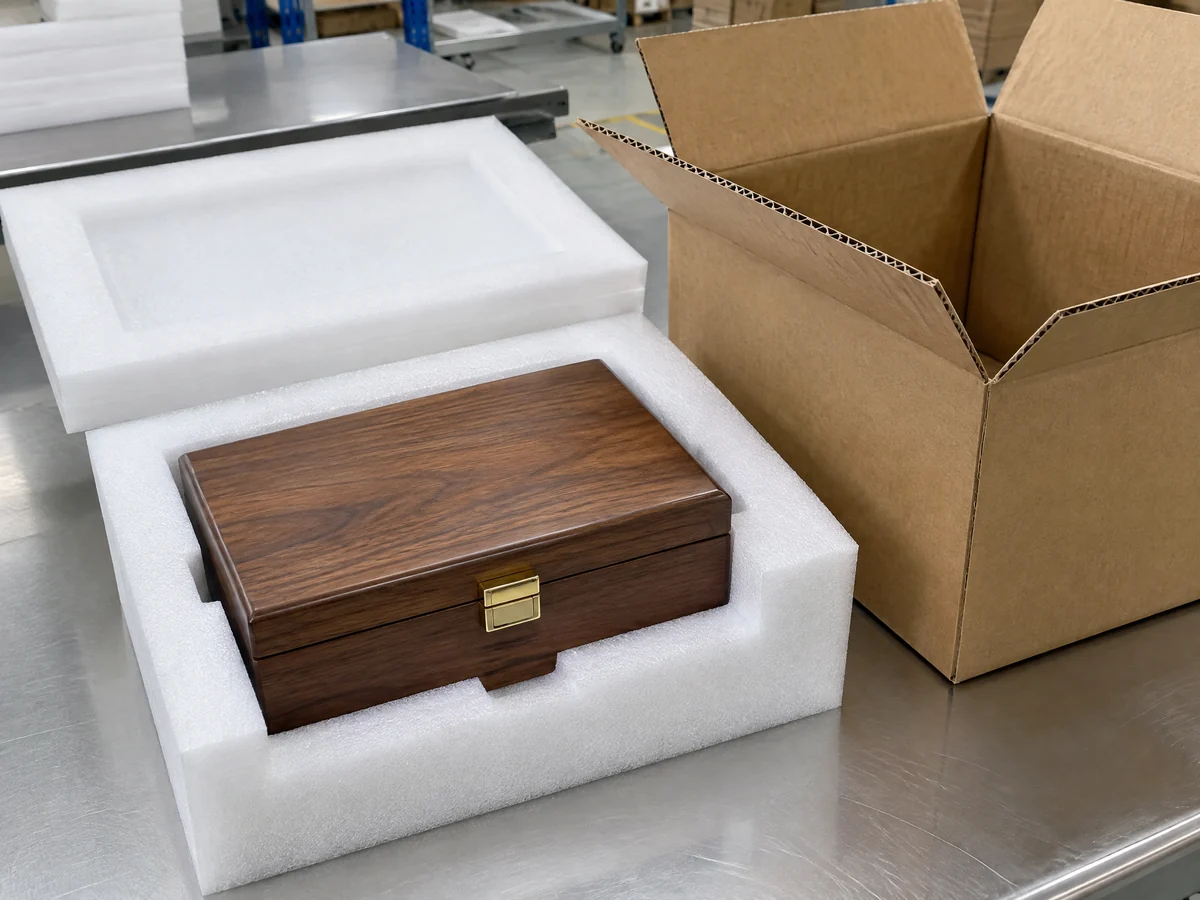 Custom wood jewelry box protected in a precisely fitted EPE foam insert inside a corrugated shipping carton