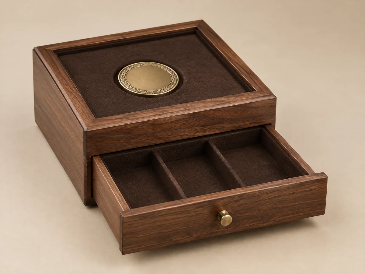 Walnut coin case with pull-out accessory drawer