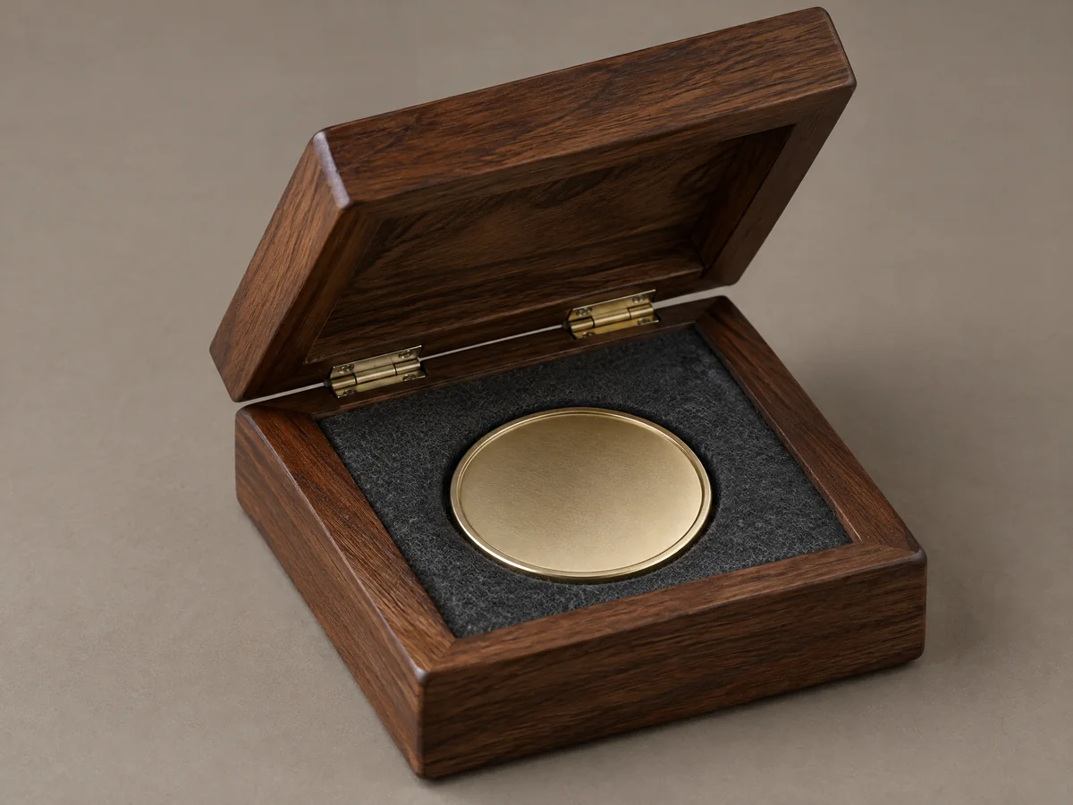 Coin presentation box with hinged solid wood lid