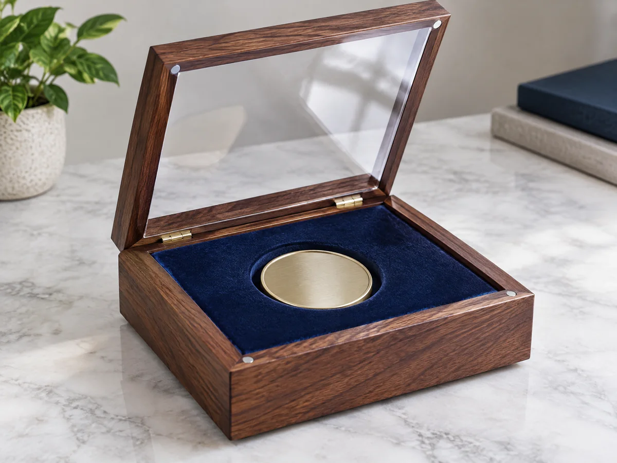 Coin presentation case with hinged transparent lid