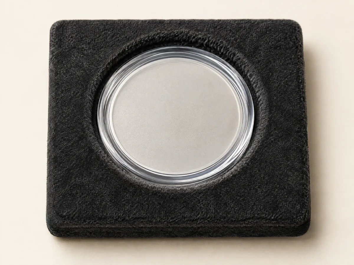 Flocked textile pocket fitted around a clear coin capsule
