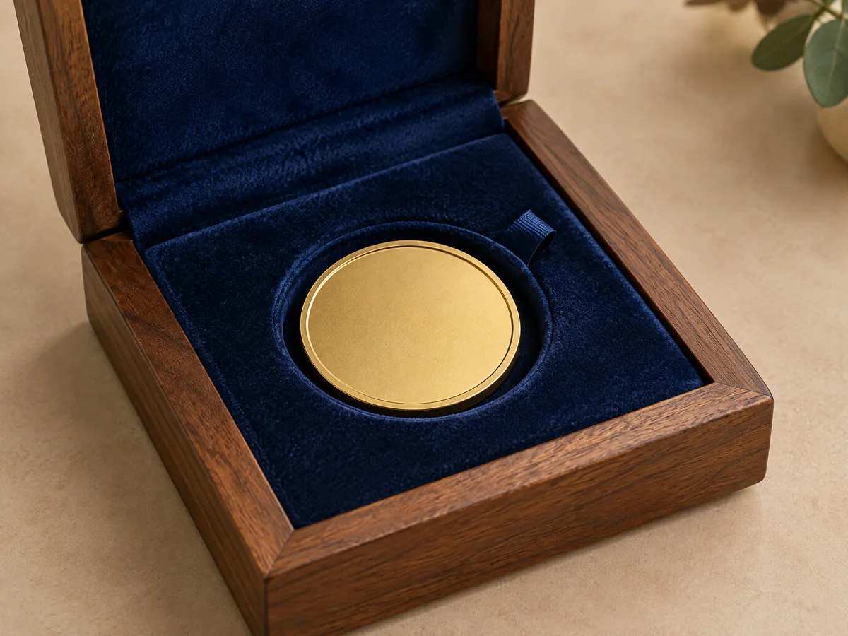 Deep blue velvet lined coin recess in walnut presentation case