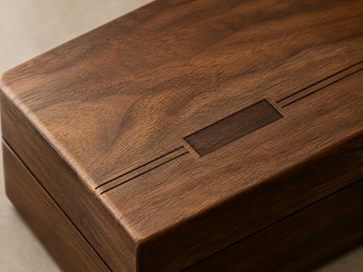 Laser-engraved geometric line detail on walnut coin case lid