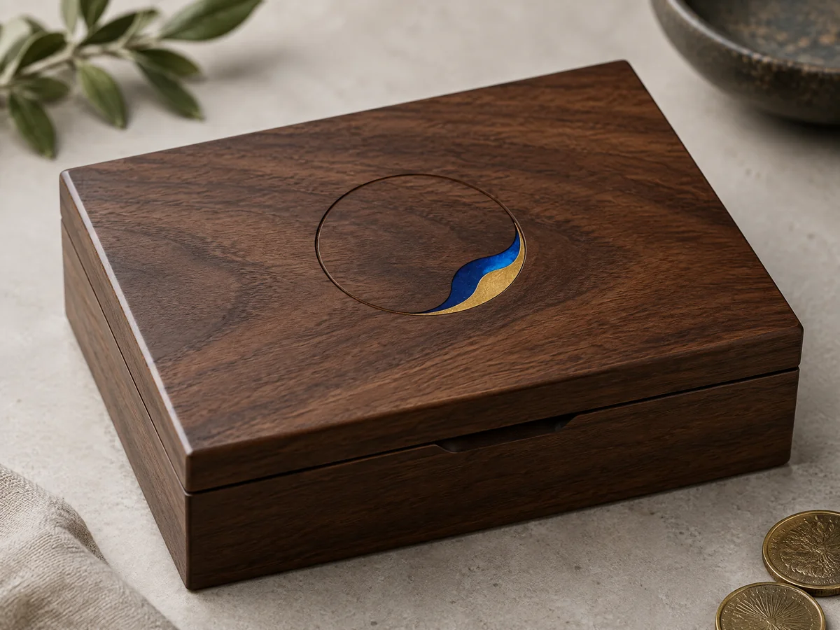 Combined engraved and colour treatment on walnut coin case lid