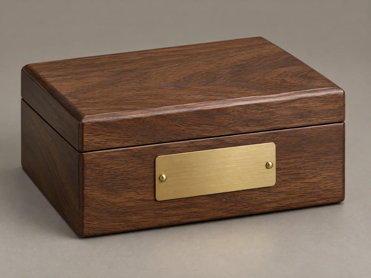 Blank brushed brass nameplate on a walnut coin case