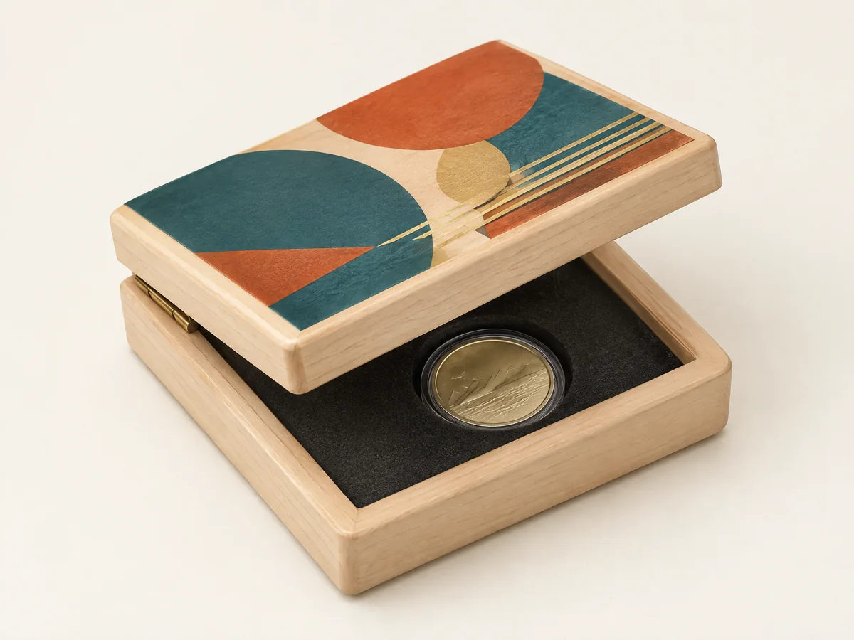 Abstract UV colour print on a maple coin presentation case lid