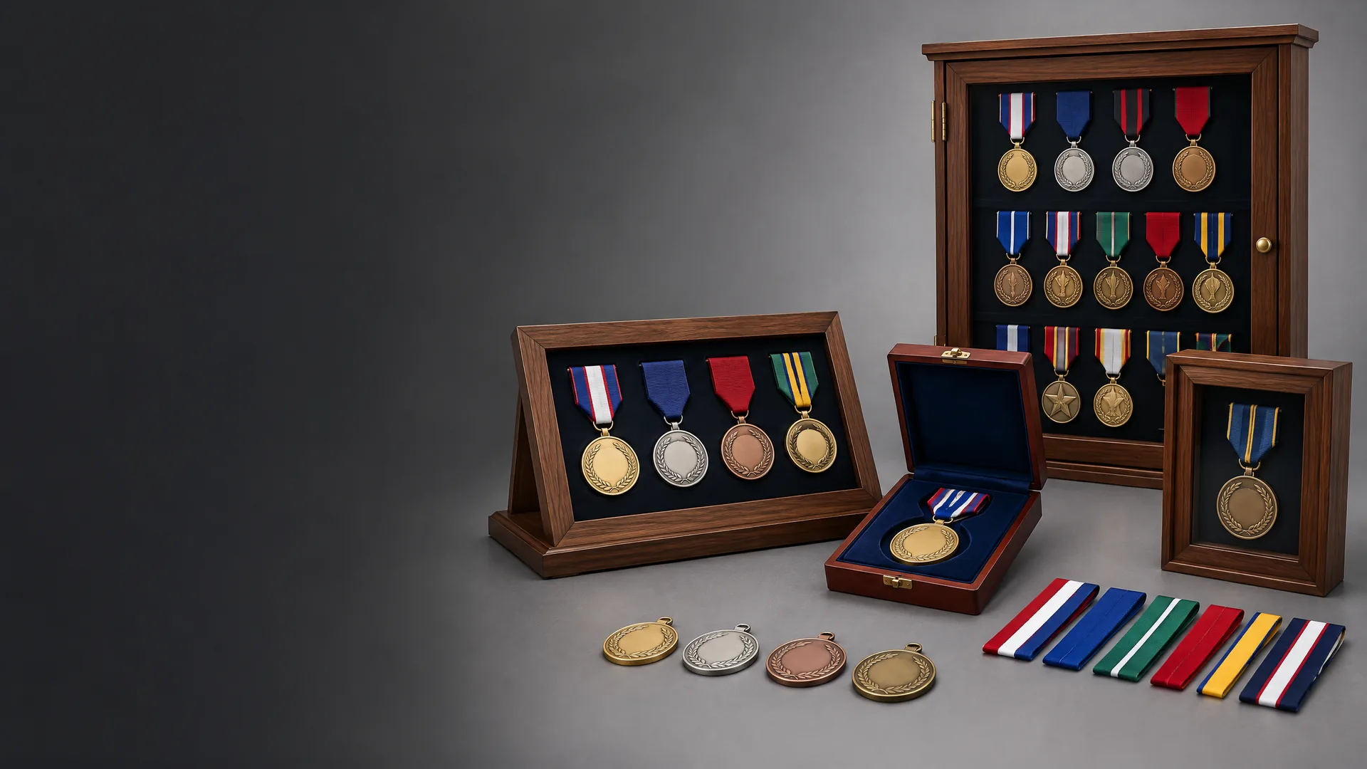 Unbranded custom wood medal display case family including wall cabinet, presentation case and ribbon rack