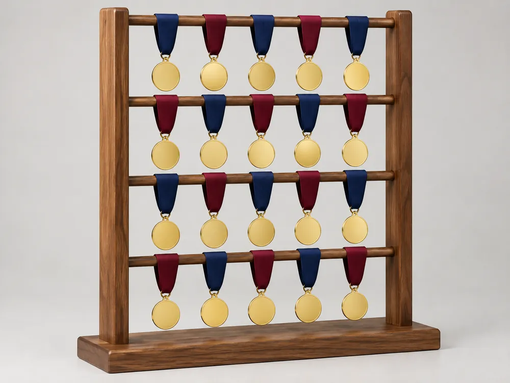 Unbranded wood rack with plain medals on ribbons
