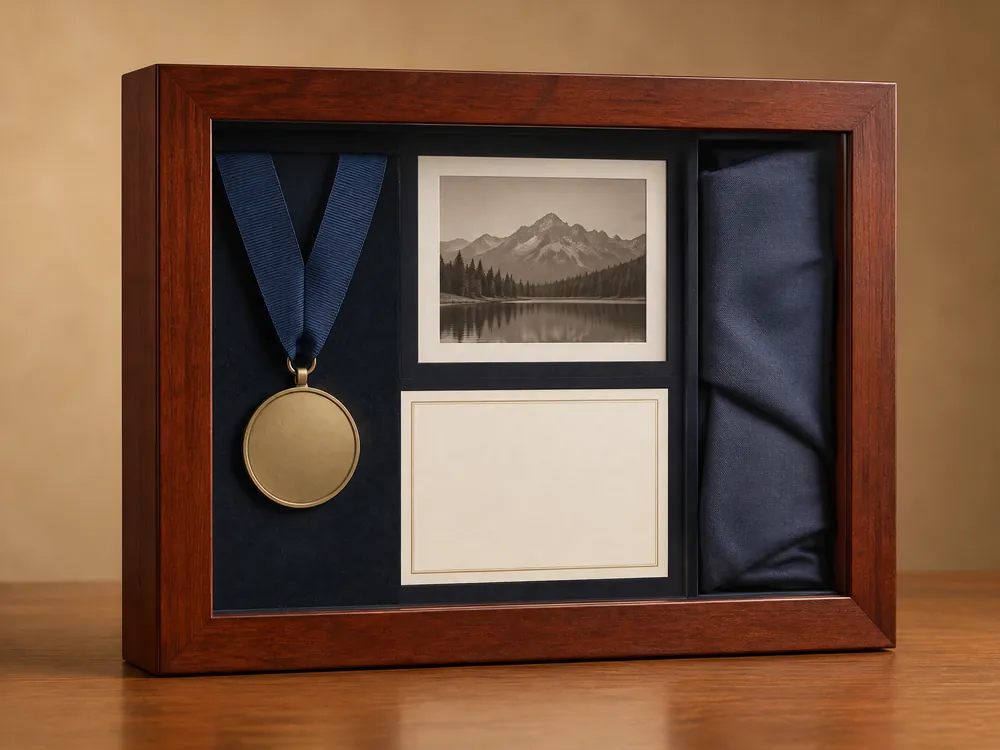 Unbranded deep wood medal shadow box with document zone
