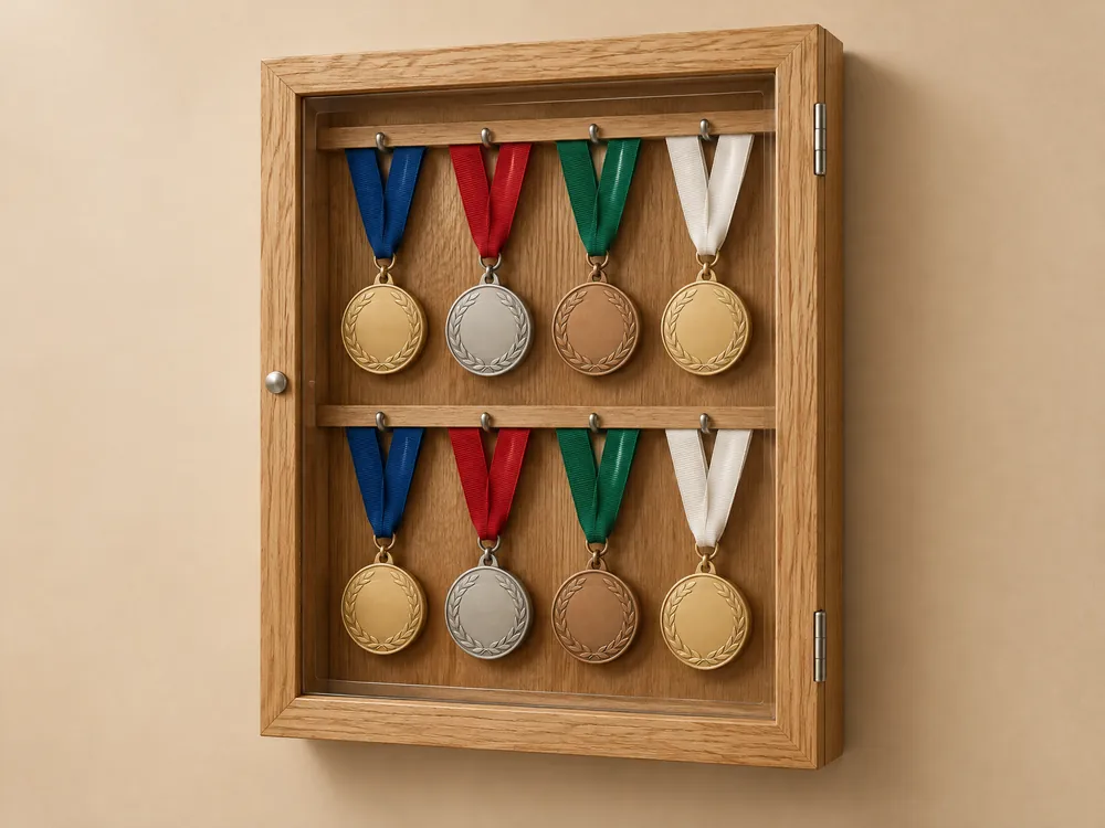 Unbranded oak wall medal display cabinet