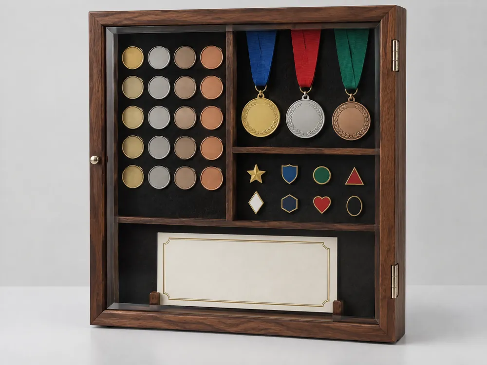 Unbranded mixed collection wall cabinet with separate display zones