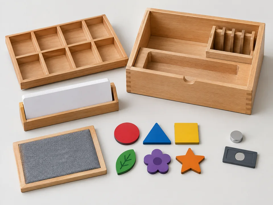 Custom wood learning set component tray system