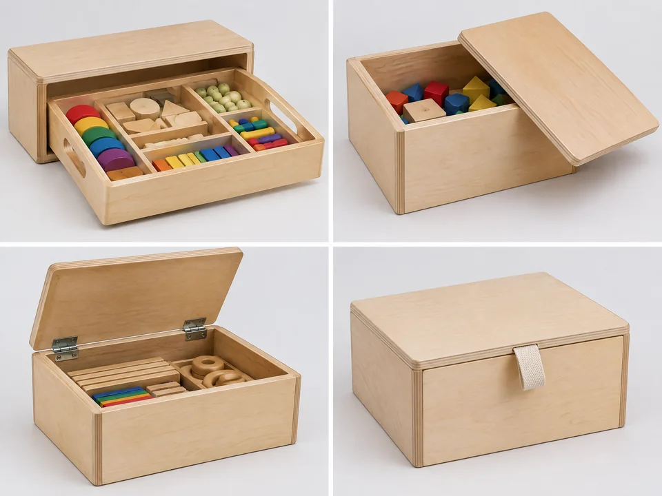 Custom wooden learning set storage and lid options