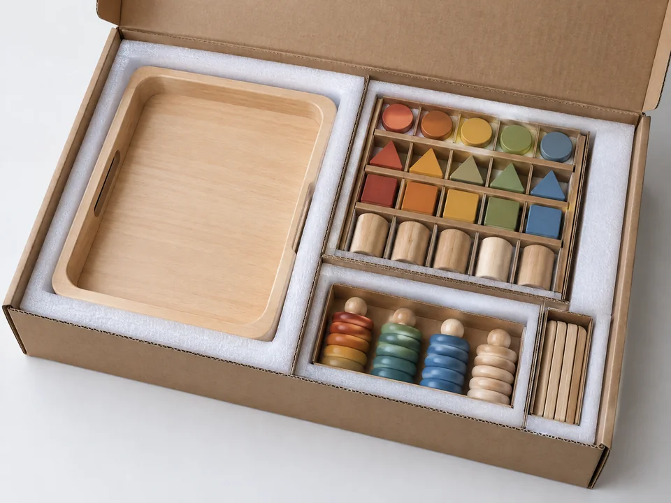 Custom wooden learning set secured in EPE and paperboard protective packaging
