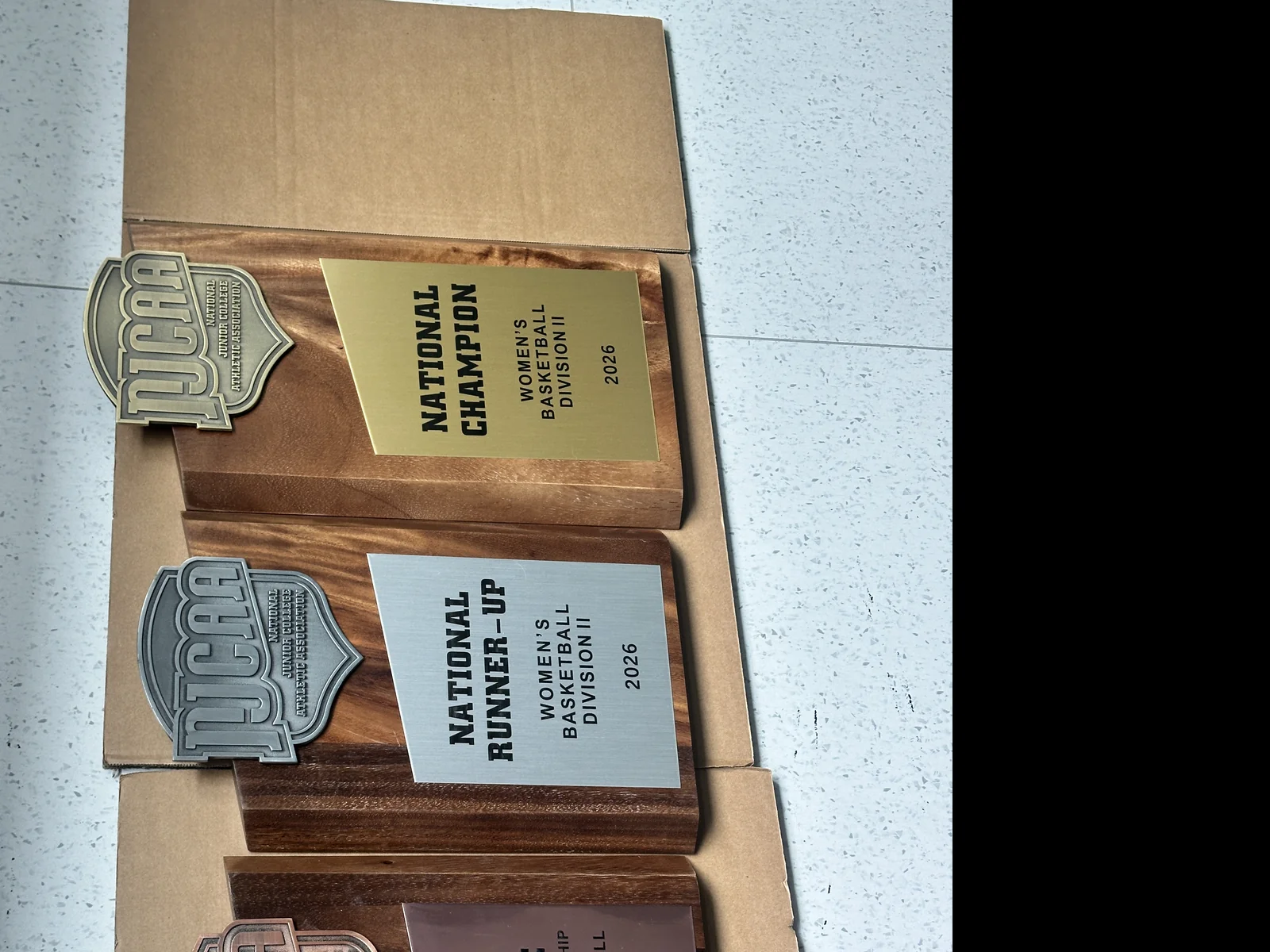 NJCAA custom wood award parts for different national championship placement levels