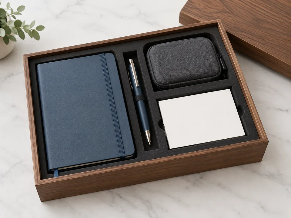 Custom wooden desk-ready employee welcome box
