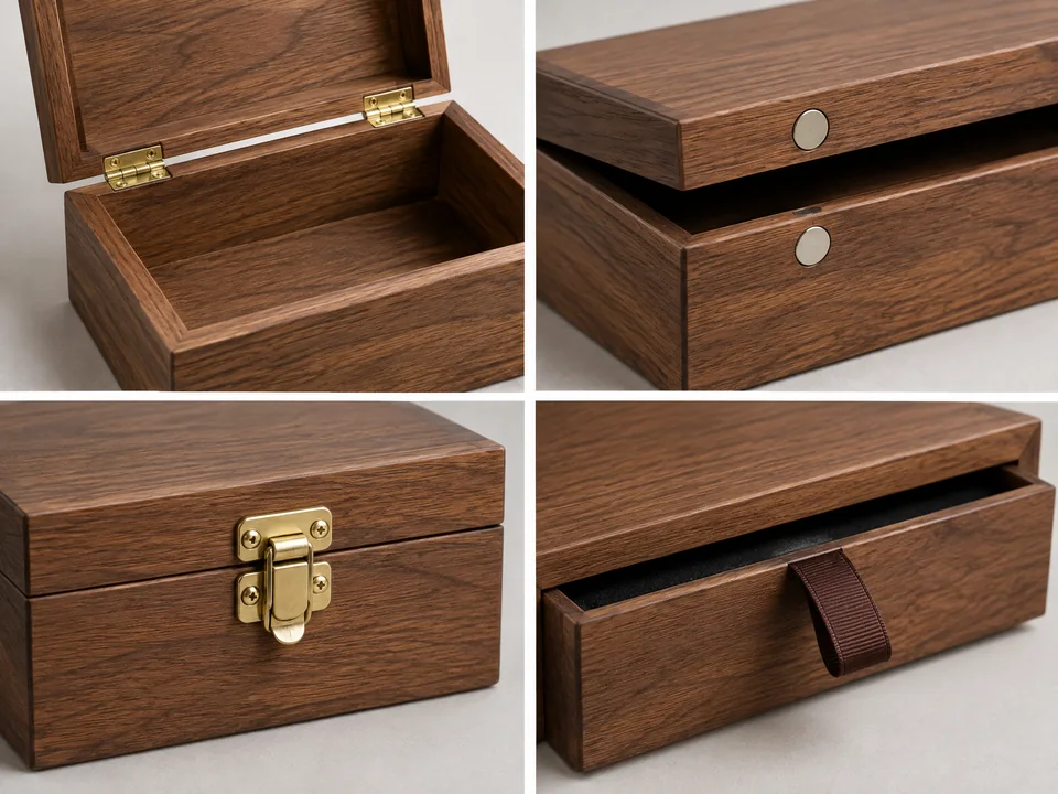 Custom wood onboarding welcome box lid and closure options