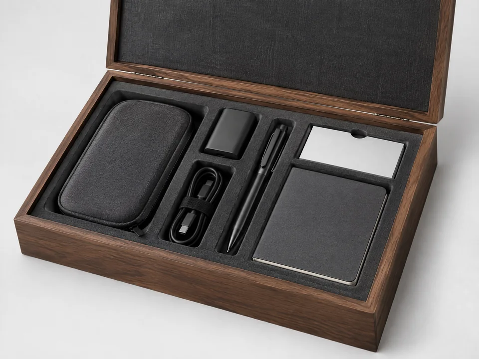 Custom wooden tech and essentials onboarding presentation box