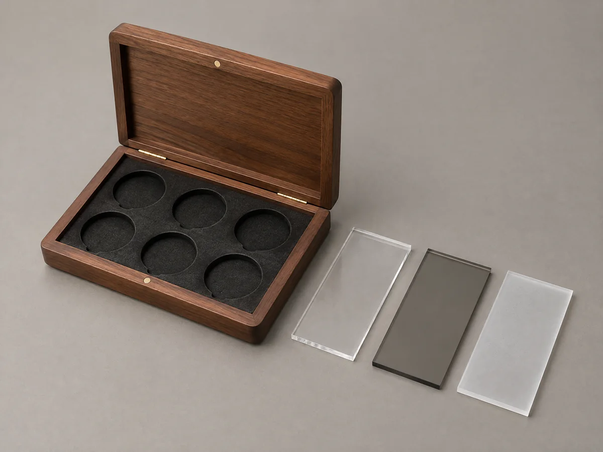 Clear, smoked and frosted panel material samples beside a coin case