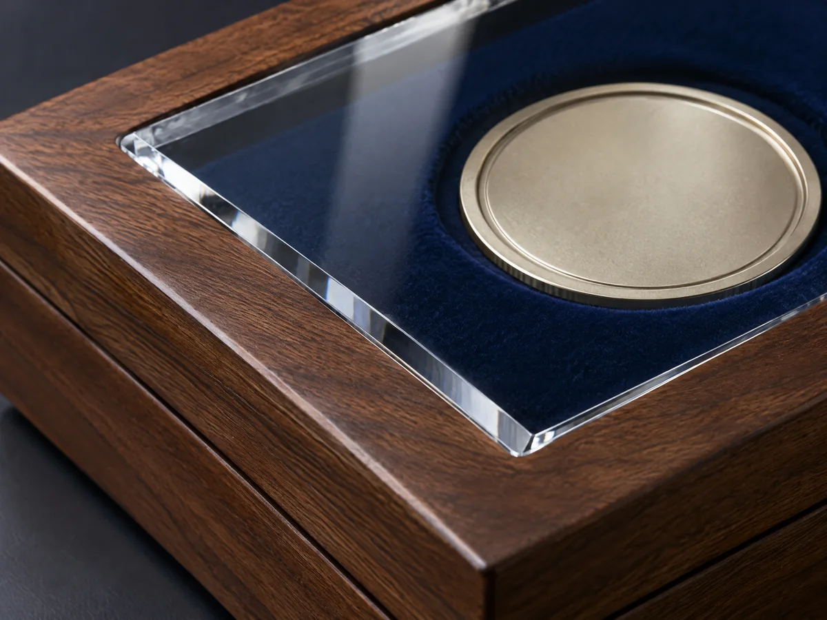 Clear acrylic viewing panel set into a walnut coin case lid