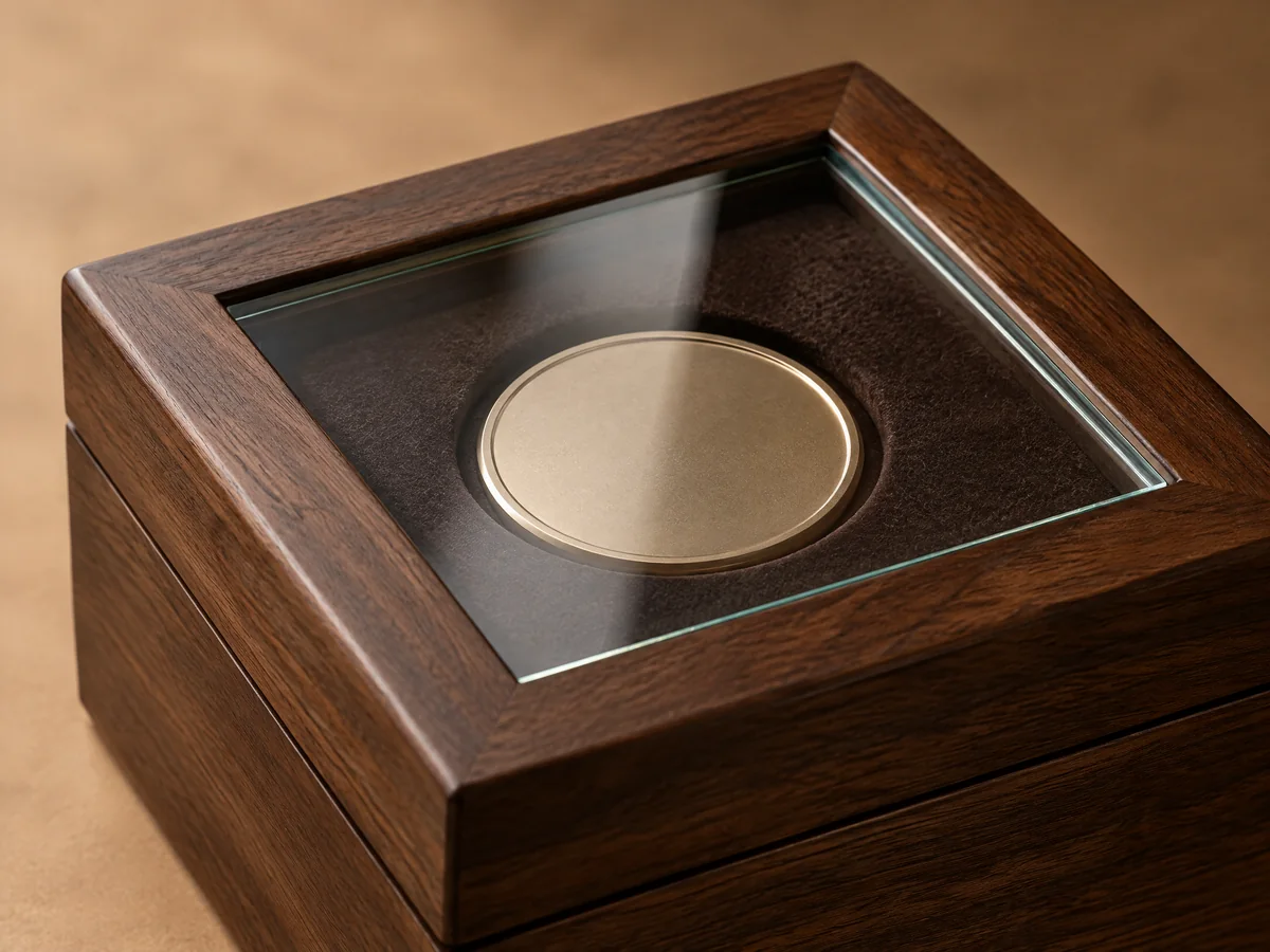 Clear glass viewing panel set into a walnut coin case lid