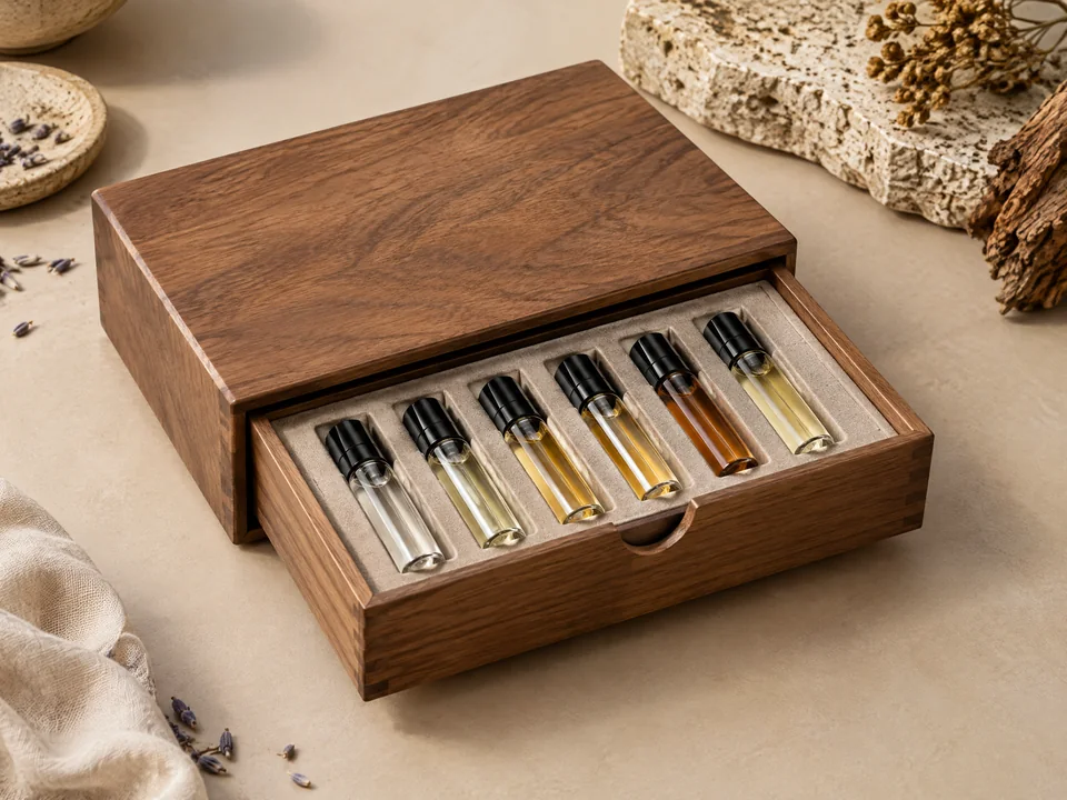 Custom wood fragrance discovery drawer box