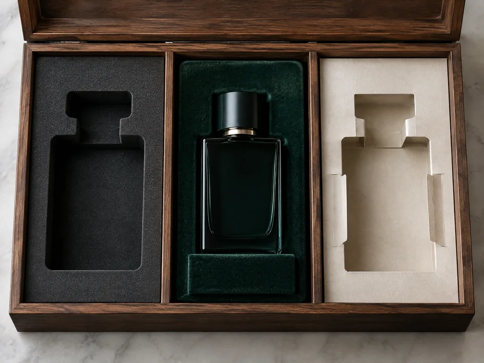 Shaped foam and fabric fragrance bottle insert options
