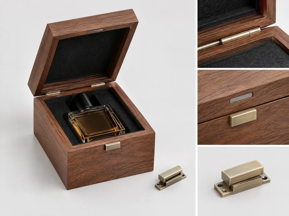 Custom wood perfume box lid and closure hardware options
