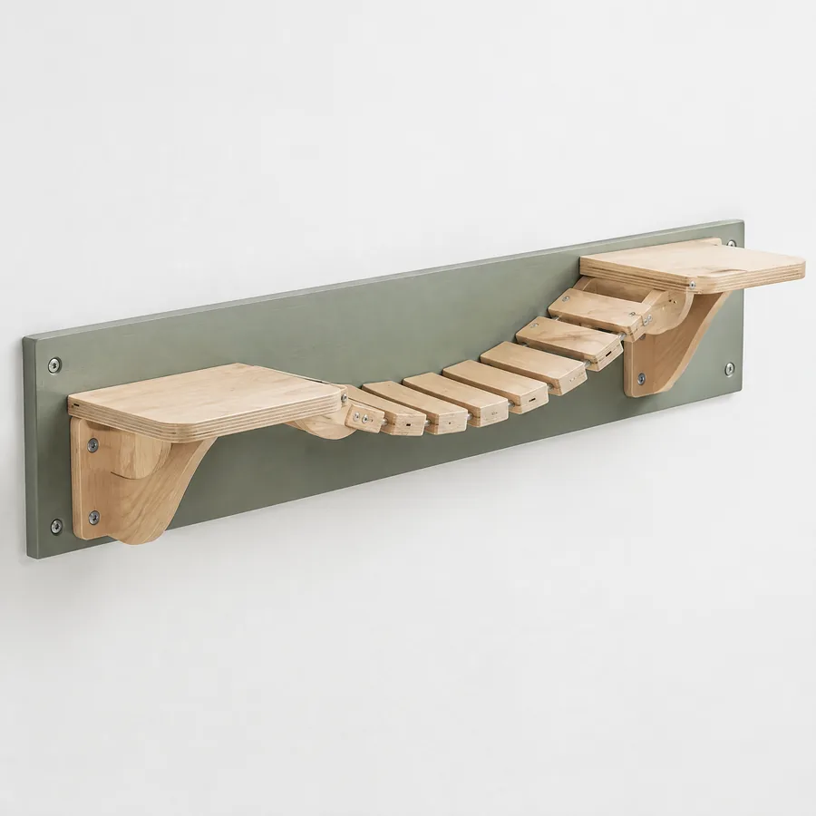 Unbranded wood cat climbing module secured to a wood backer plank