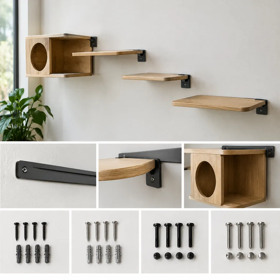 Unbranded wood cat shelf connected to a slim dark wall mounting rail