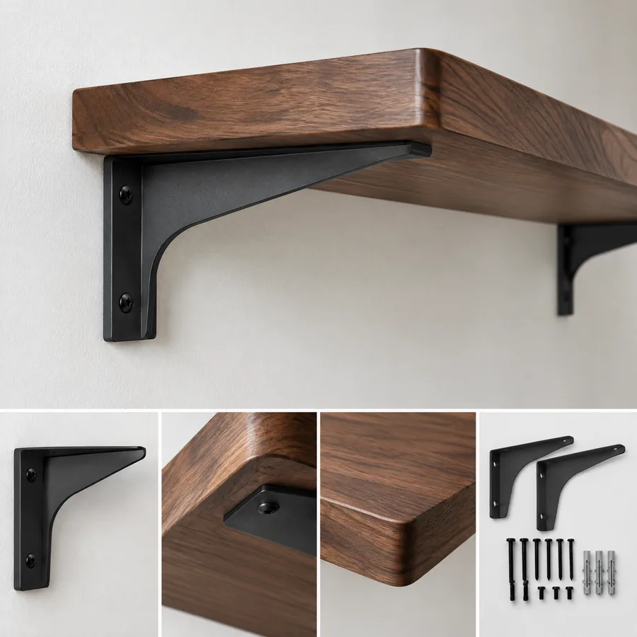 Unbranded steel bracket securing a walnut cat shelf to a wall