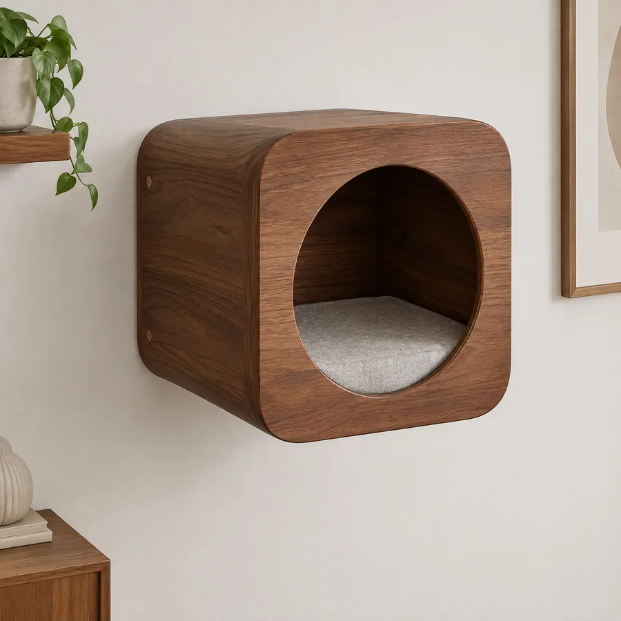 Unbranded wood cat wall cubby with circular entrance and inner felt pad
