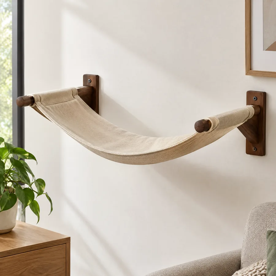Unbranded canvas cat hammock held between wood wall mounts