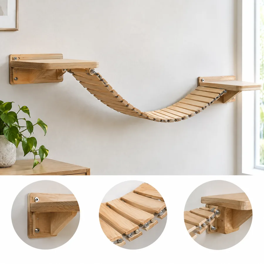 Unbranded curved wood cat bridge connecting two wall platforms