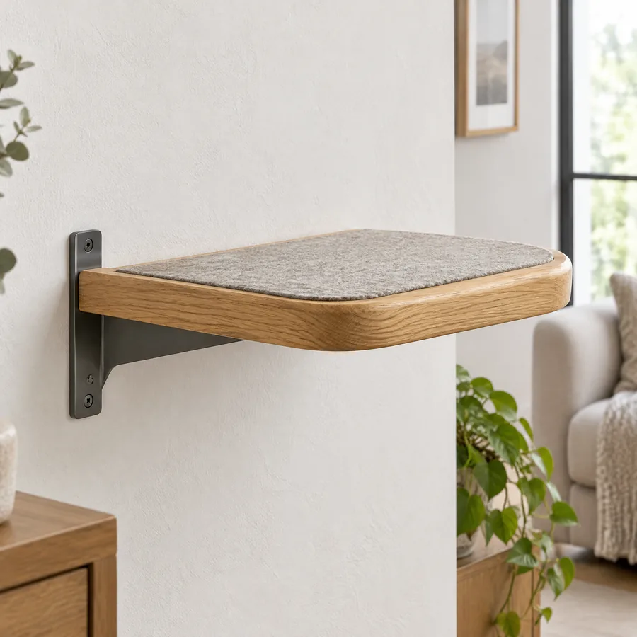 Unbranded wall-mounted oak cat perch with felt traction pad
