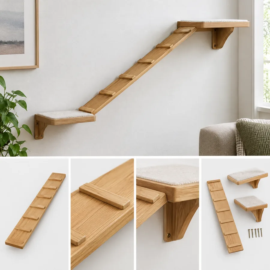 Unbranded wood cat climbing ramp with traction battens
