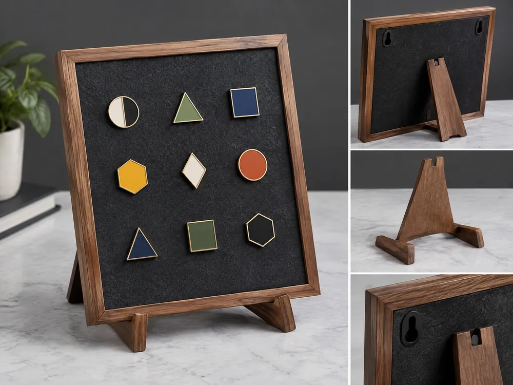 Unbranded wood lapel pin display board with desktop easel