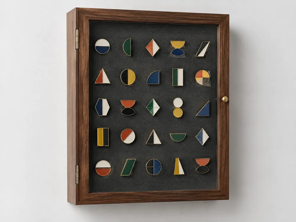 Unbranded walnut lapel pin collector cabinet