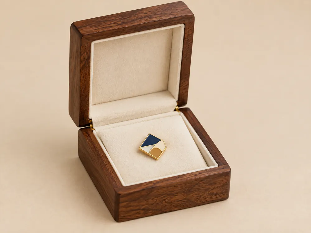 Unbranded walnut single lapel pin presentation case