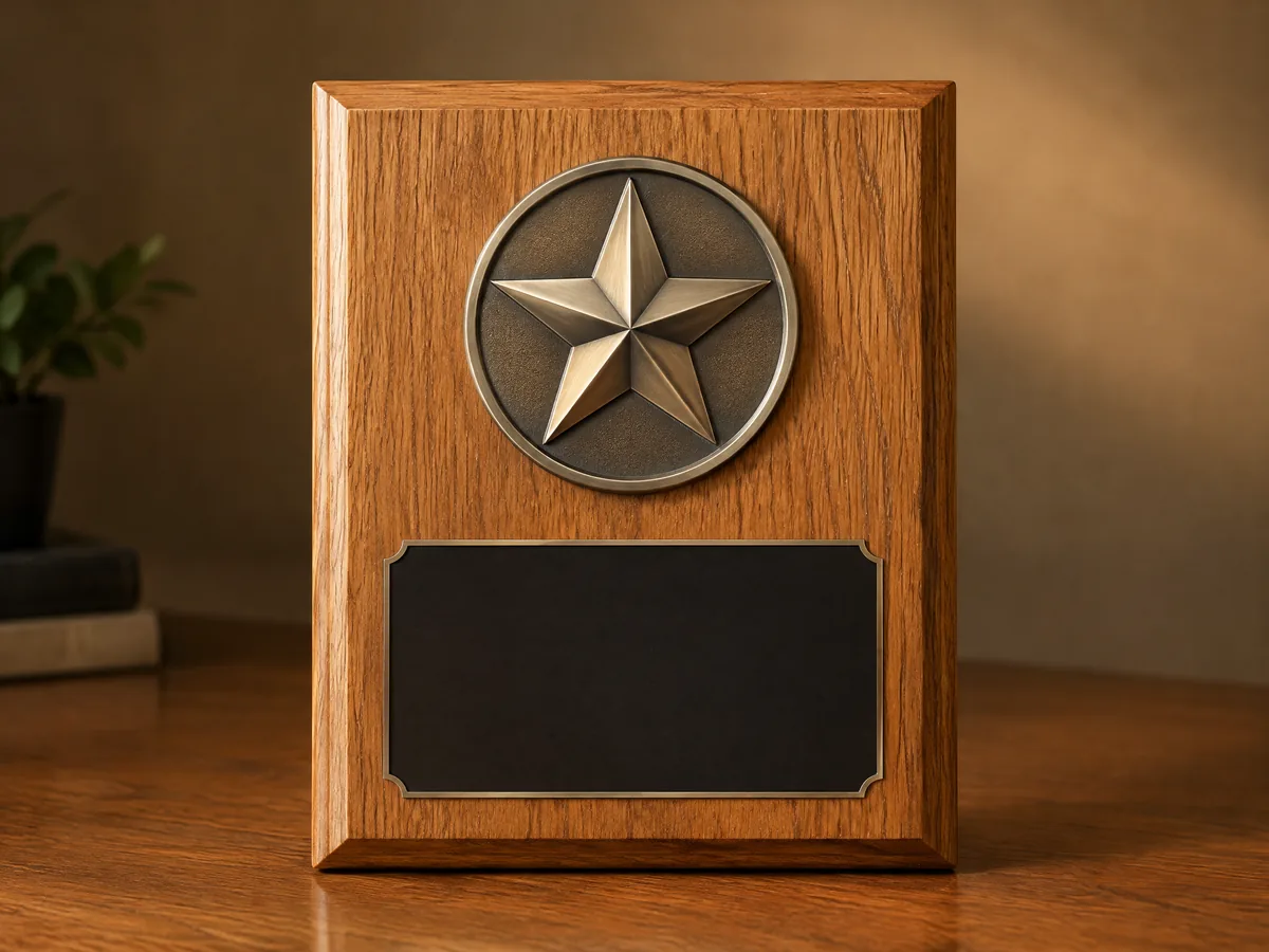 Raised Metal Badge on a custom wood plaque