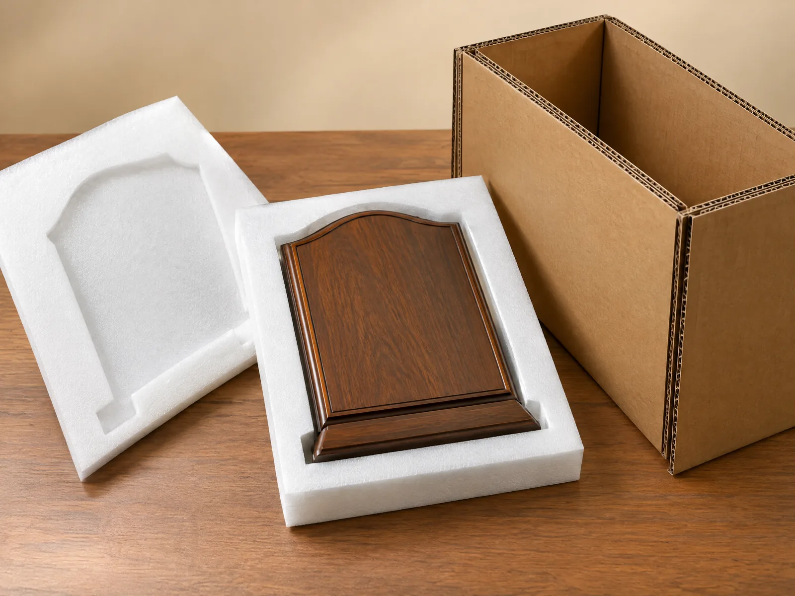 Wood plaque protected in a precision-cut EPE foam cavity with thick corrugated shipping carton