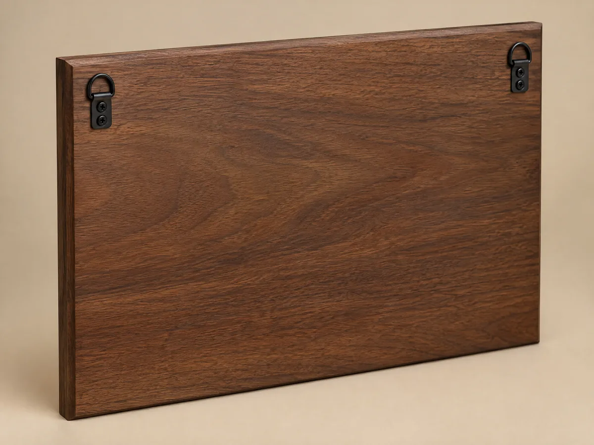 Two-Point D-Ring shown on the back of a custom wood plaque