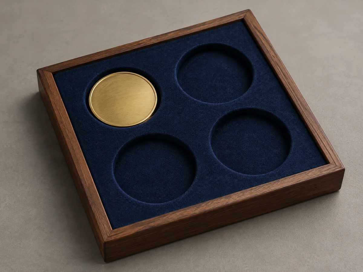 Felt-lined tray with separate round coin recesses