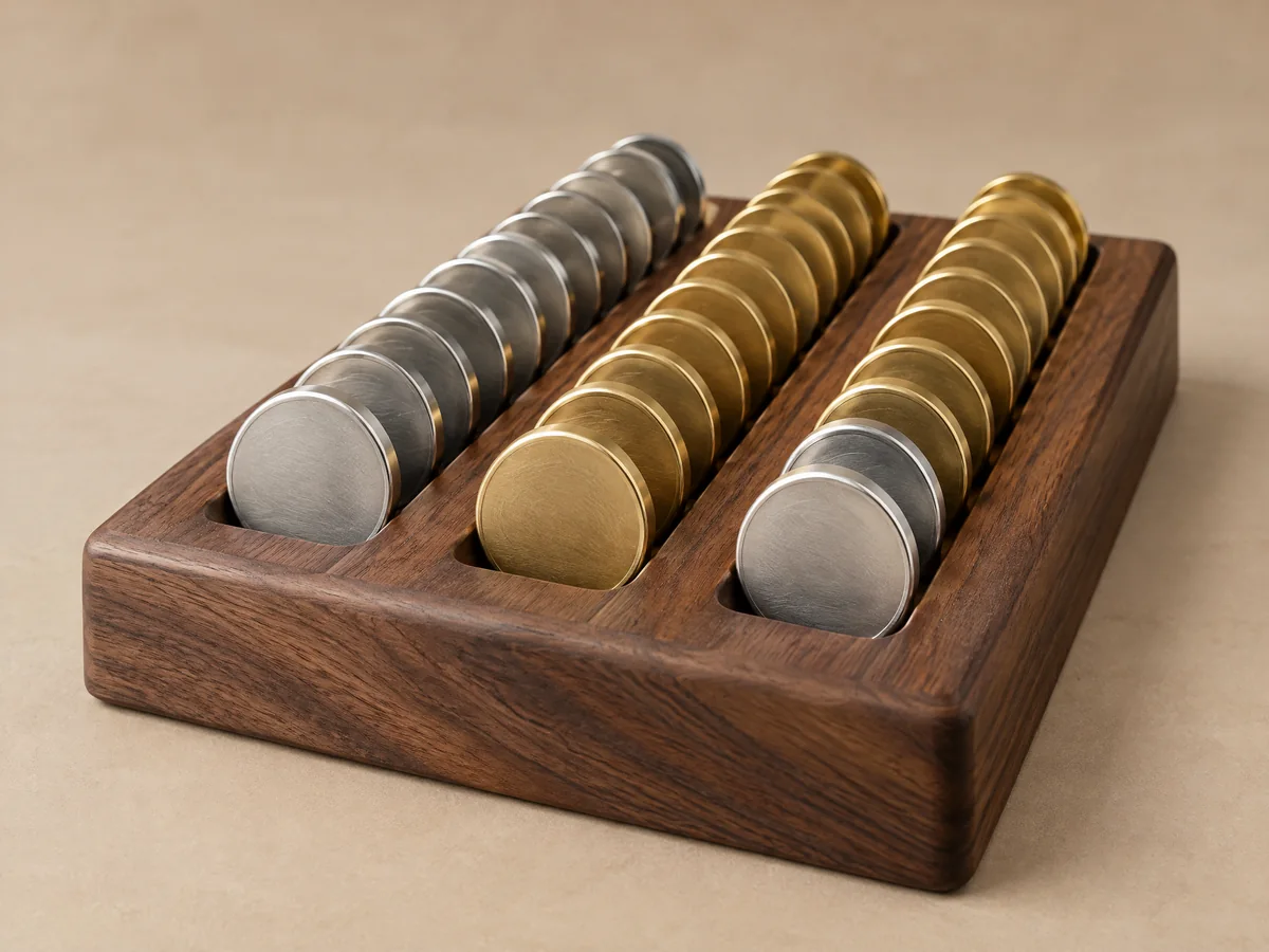 Wood display base with routed upright coin rows